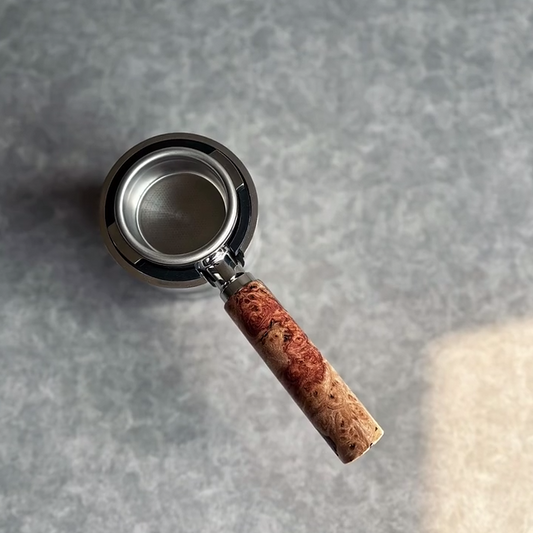 Obsidian Burl Artisan Bottomless Portafilter wood, resin, or metal material detail close-up alternate view