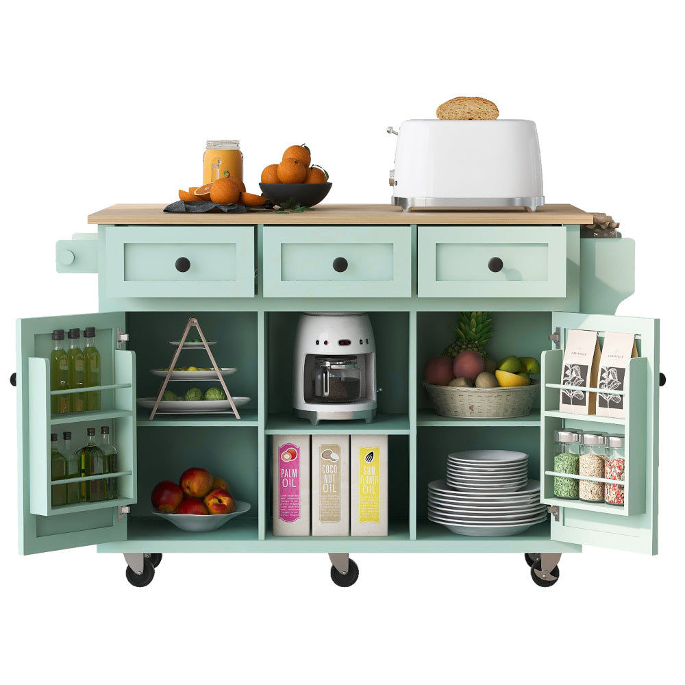53.1″ Rolling Kitchen Island with Rubberwood Drop-Leaf Countertop - TimberFlare