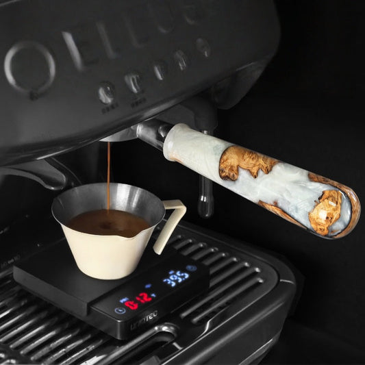 1-of-1 Artisan Hybrid Burl & Resin Bottomless Portafilter resin handle material detail close-up alternate view