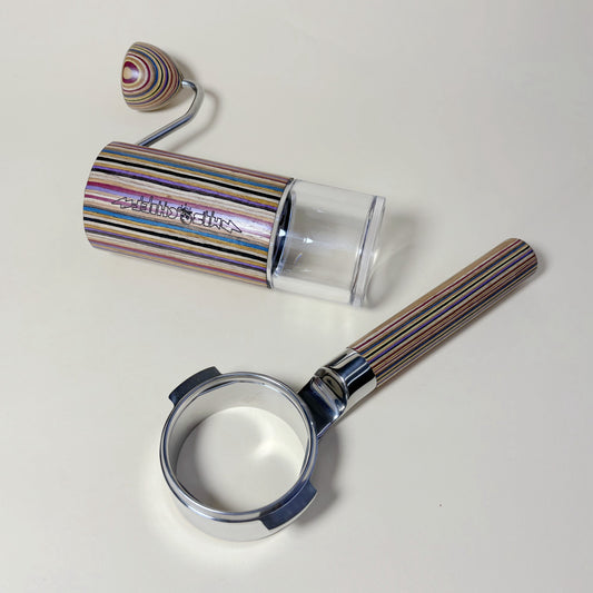 Rainbow-wood Bottomless Portafilter + Hand Grinder | La Marzocco 58mm