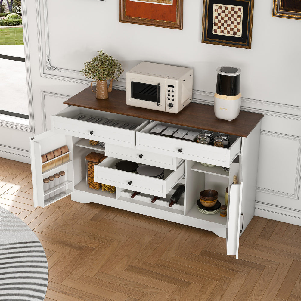 Farmhouse Bar Cabinet with Wine Rack & 54″ Walnut Coffee Station Top - TimberFlare