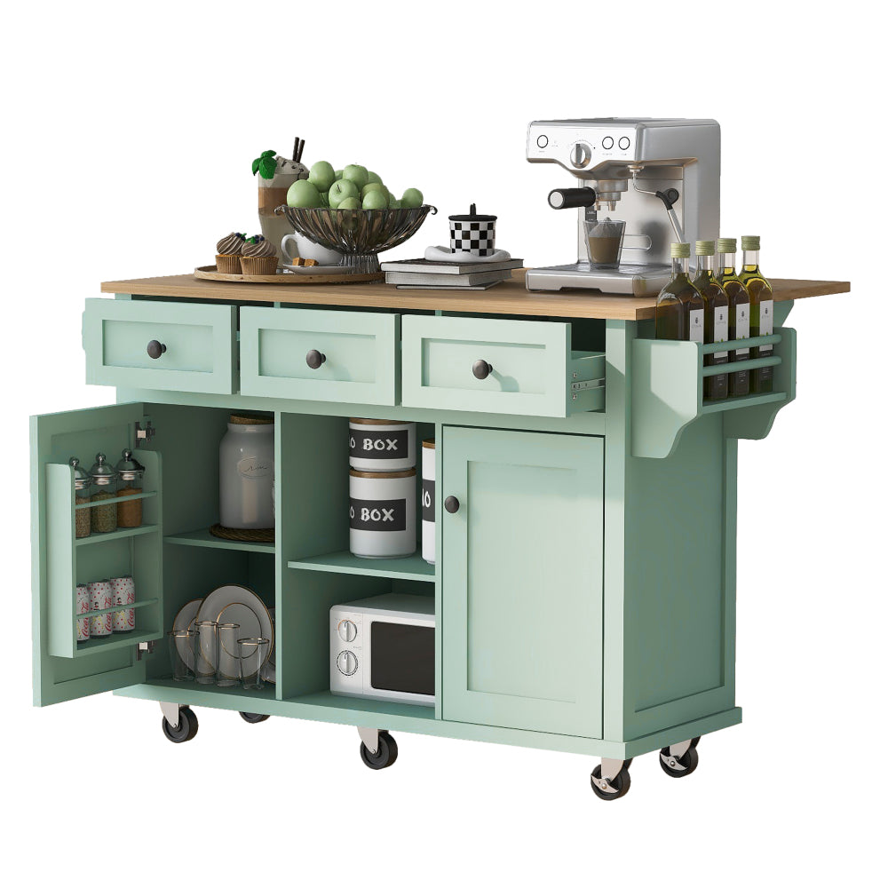 53.1″ Rolling Kitchen Island with Rubberwood Drop-Leaf Countertop - TimberFlare