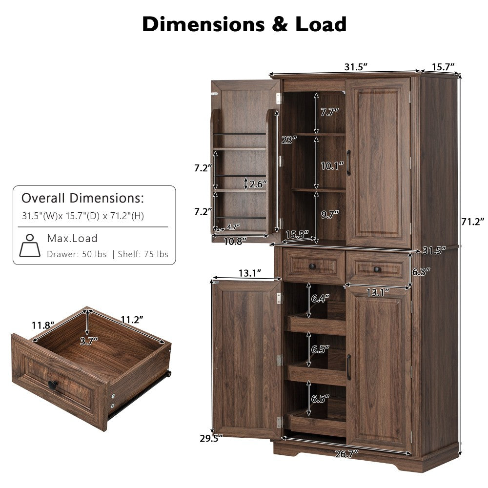 Walnut Pantry Cabinet with Pull-Out Shelves & Door Racks - TimberFlare