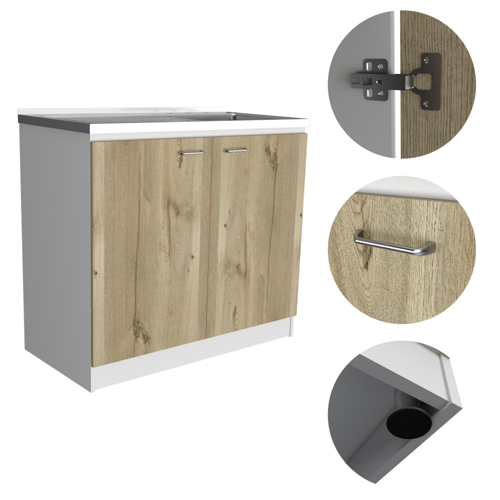 White & Oak Coffee Bar Cabinet with Sink & Stainless Steel Top - TimberFlare