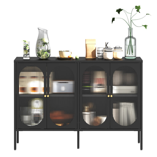 Black Metal Sideboard Cabinet with Fluted Glass Doors - TimberFlare