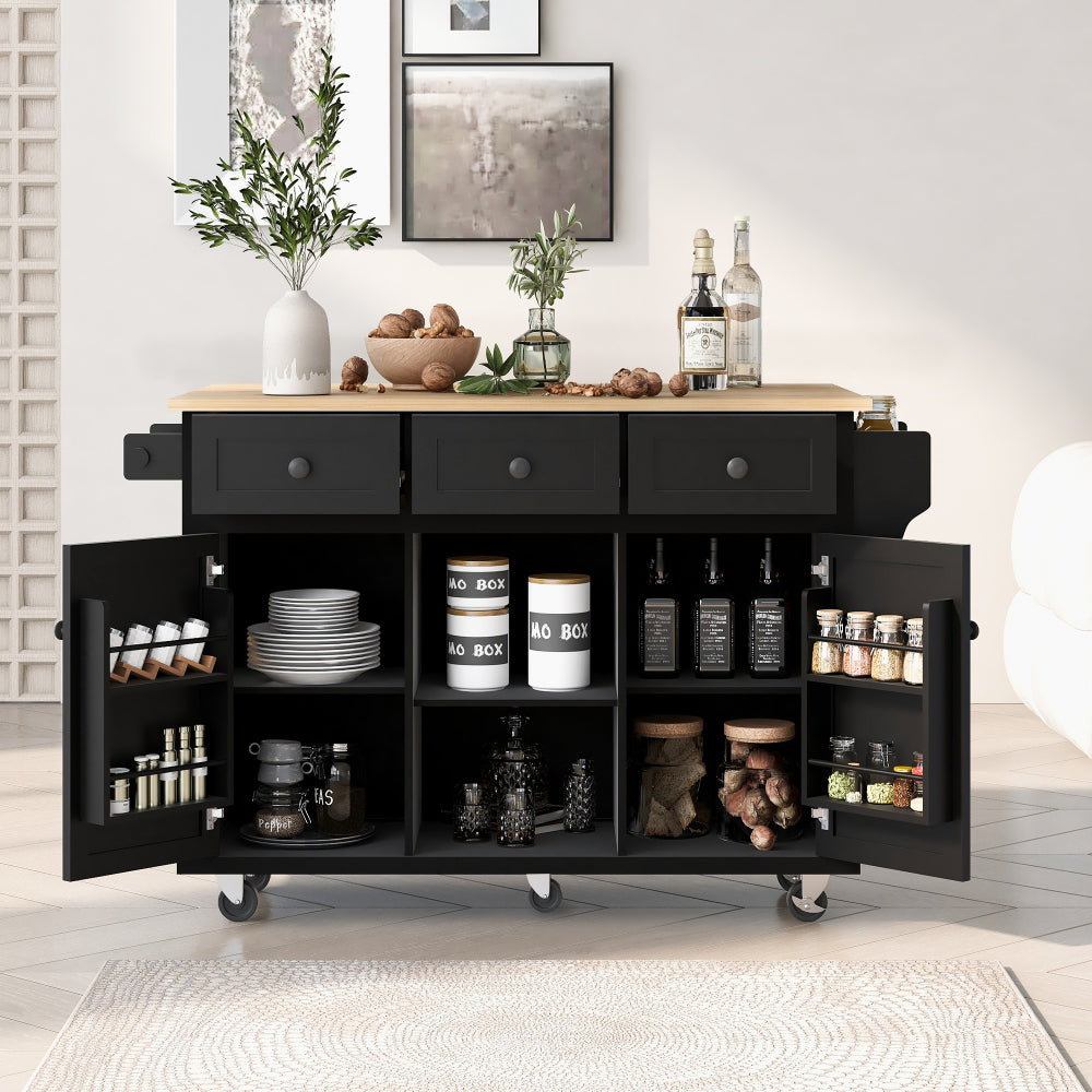 53.1″ Rolling Kitchen Island with Rubberwood Drop-Leaf Countertop - TimberFlare