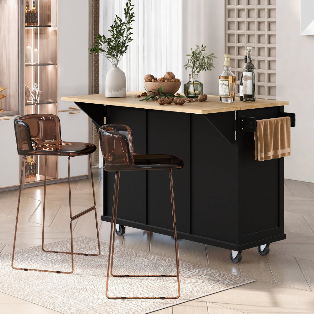 53.1″ Rolling Kitchen Island with Rubberwood Drop-Leaf Countertop - TimberFlare