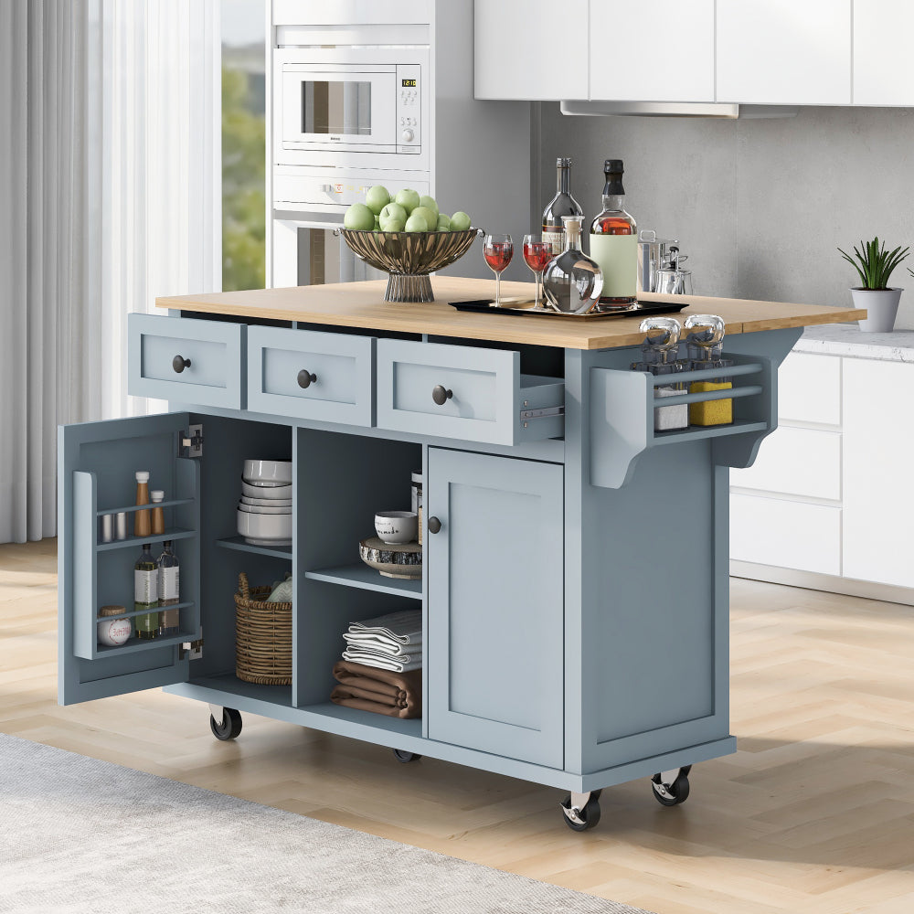 53.1″ Rolling Kitchen Island with Rubberwood Drop-Leaf Countertop - TimberFlare