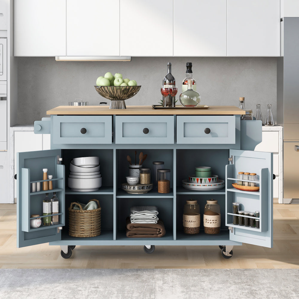 53.1″ Rolling Kitchen Island with Rubberwood Drop-Leaf Countertop - TimberFlare