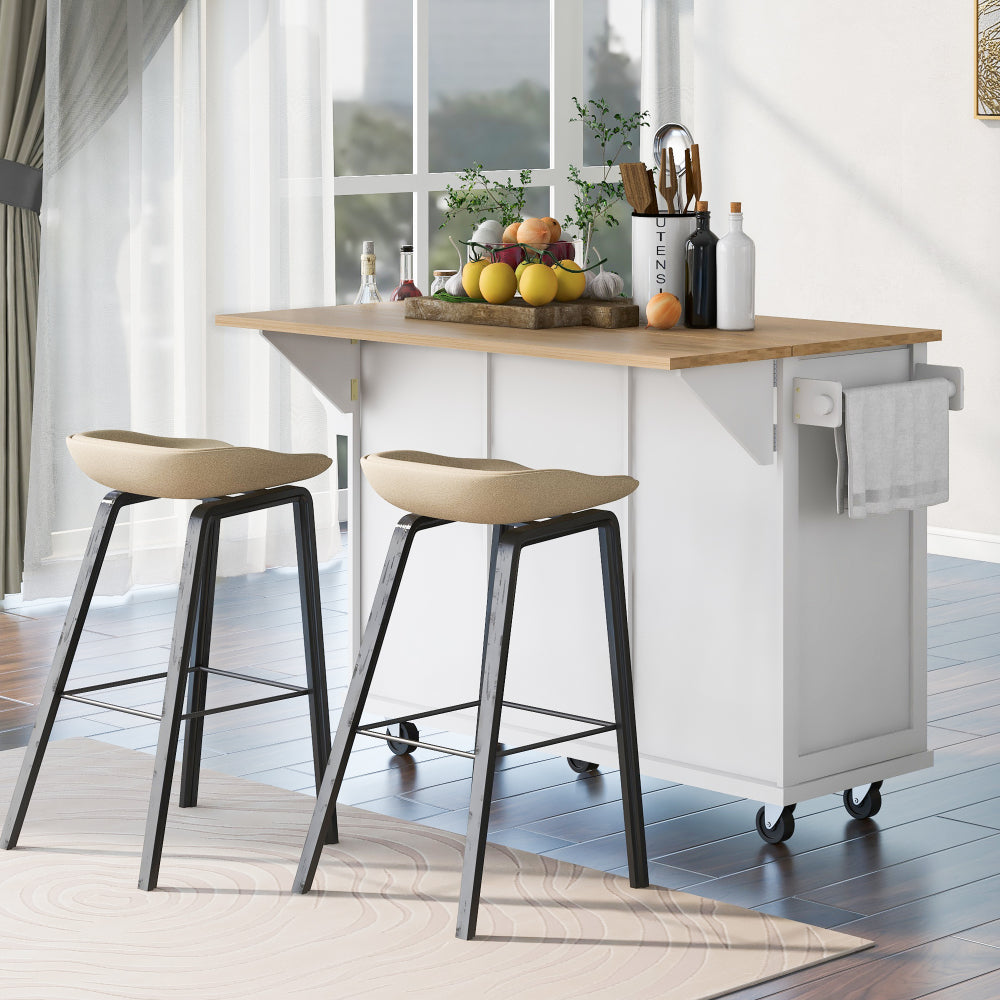 53.1″ Rolling Kitchen Island with Rubberwood Drop-Leaf Countertop - TimberFlare