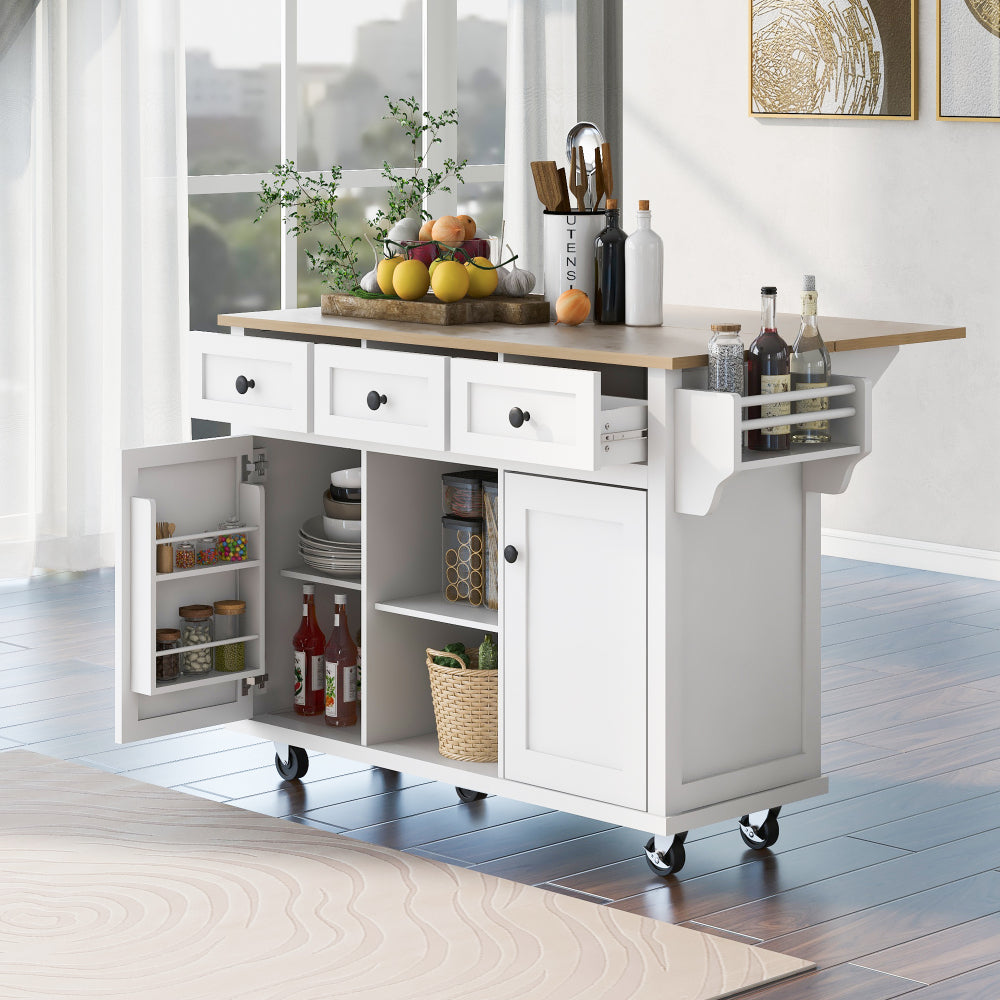 53.1″ Rolling Kitchen Island with Rubberwood Drop-Leaf Countertop - TimberFlare