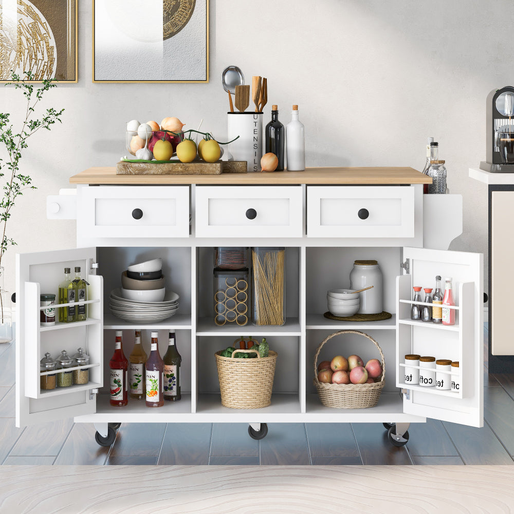 53.1″ Rolling Kitchen Island with Rubberwood Drop-Leaf Countertop - TimberFlare
