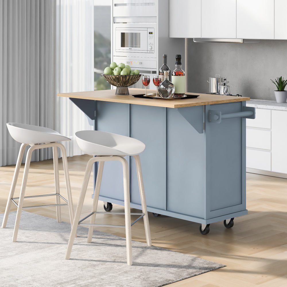 53.1″ Rolling Kitchen Island with Rubberwood Drop-Leaf Countertop - TimberFlare