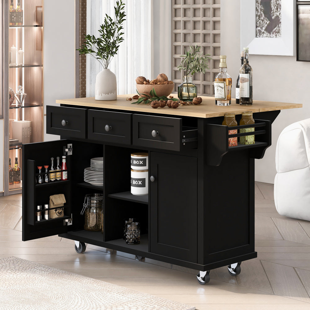 53.1″ Rolling Kitchen Island with Rubberwood Drop-Leaf Countertop - TimberFlare