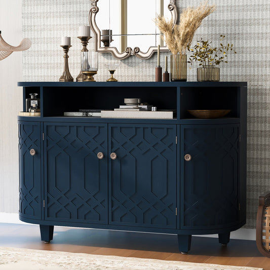 Art Deco Sideboard Cabinet with Curved Silhouette & Open Display Shelves - TimberFlare