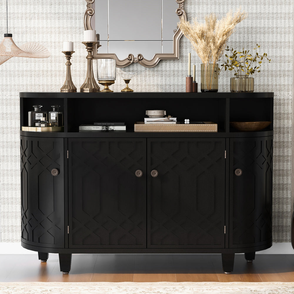 Art Deco Sideboard Cabinet with Curved Silhouette & Open Display Shelves - TimberFlare