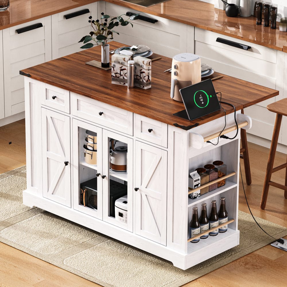 Mobile Kitchen Island with Drop Leaf, Power Outlet & Ample Storage – 53"W x 29.5"D x 36"H