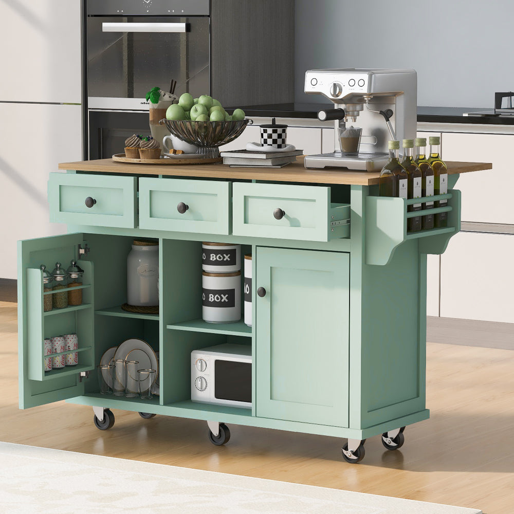 53.1″ Rolling Kitchen Island with Rubberwood Drop-Leaf Countertop - TimberFlare
