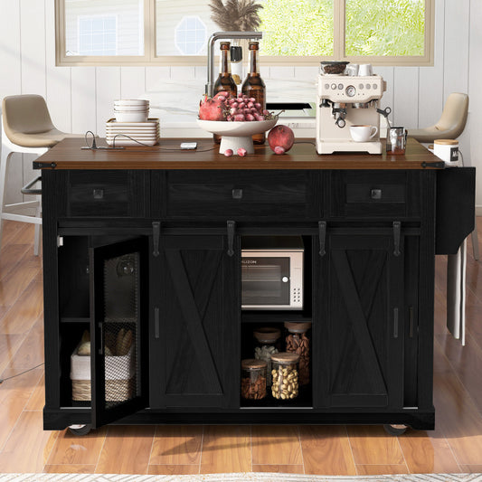 58-Inch Farmhouse Kitchen Island with Drop Leaf, Power Outlet