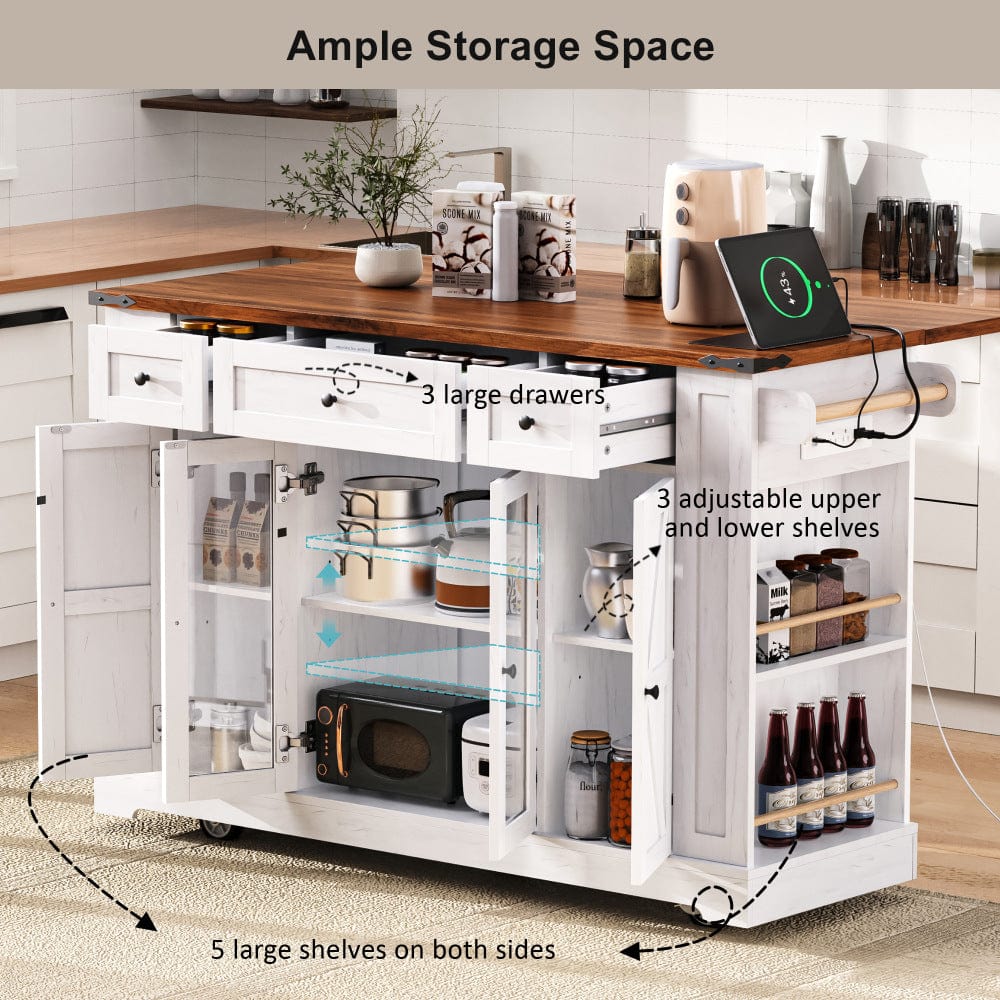 Mobile Kitchen Island with Drop Leaf, Power Outlet & Ample Storage – 53"W x 29.5"D x 36"H