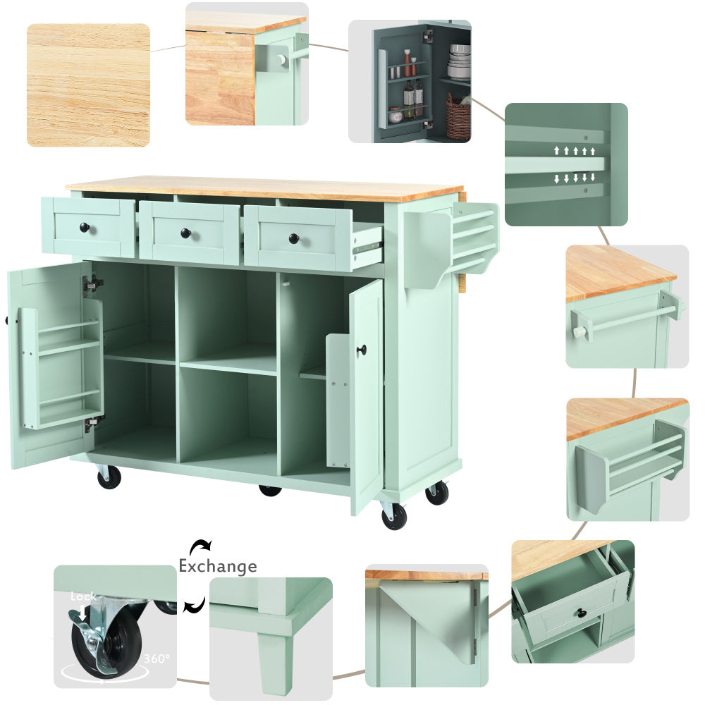 53.1″ Rolling Kitchen Island with Rubberwood Drop-Leaf Countertop - TimberFlare
