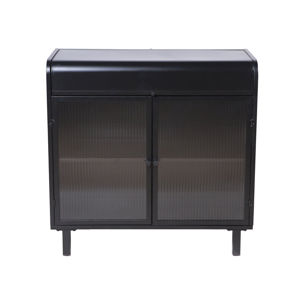 Industrial Flip-Top Sideboard Cabinet with Fluted Glass Doors - TimberFlare