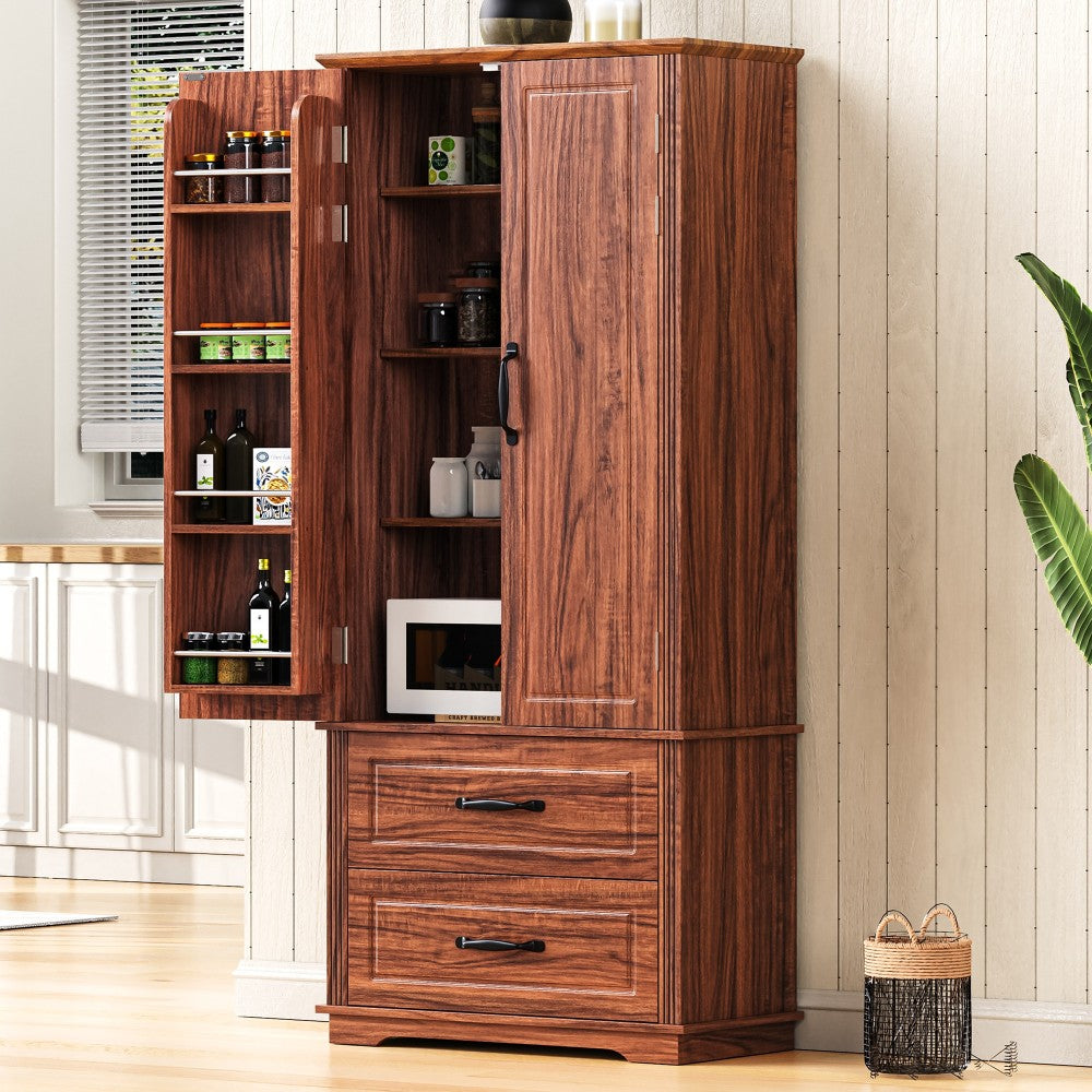 Walnut Pantry Cabinet with Pull-Out Shelves & Door Racks - TimberFlare