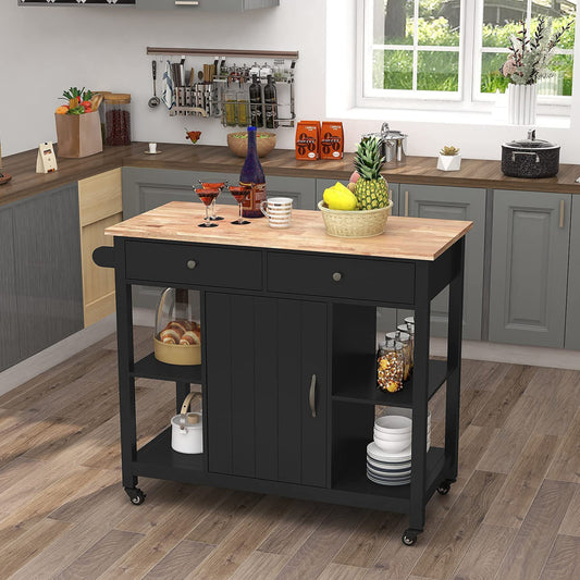 Rolling Kitchen Island wtih Rubber Wood Top - TimberFlare
