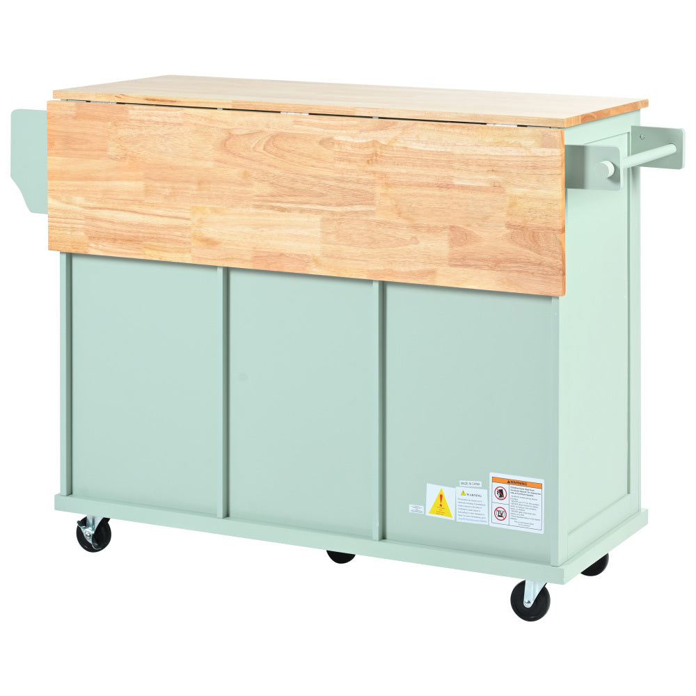 53.1″ Rolling Kitchen Island with Rubberwood Drop-Leaf Countertop - TimberFlare