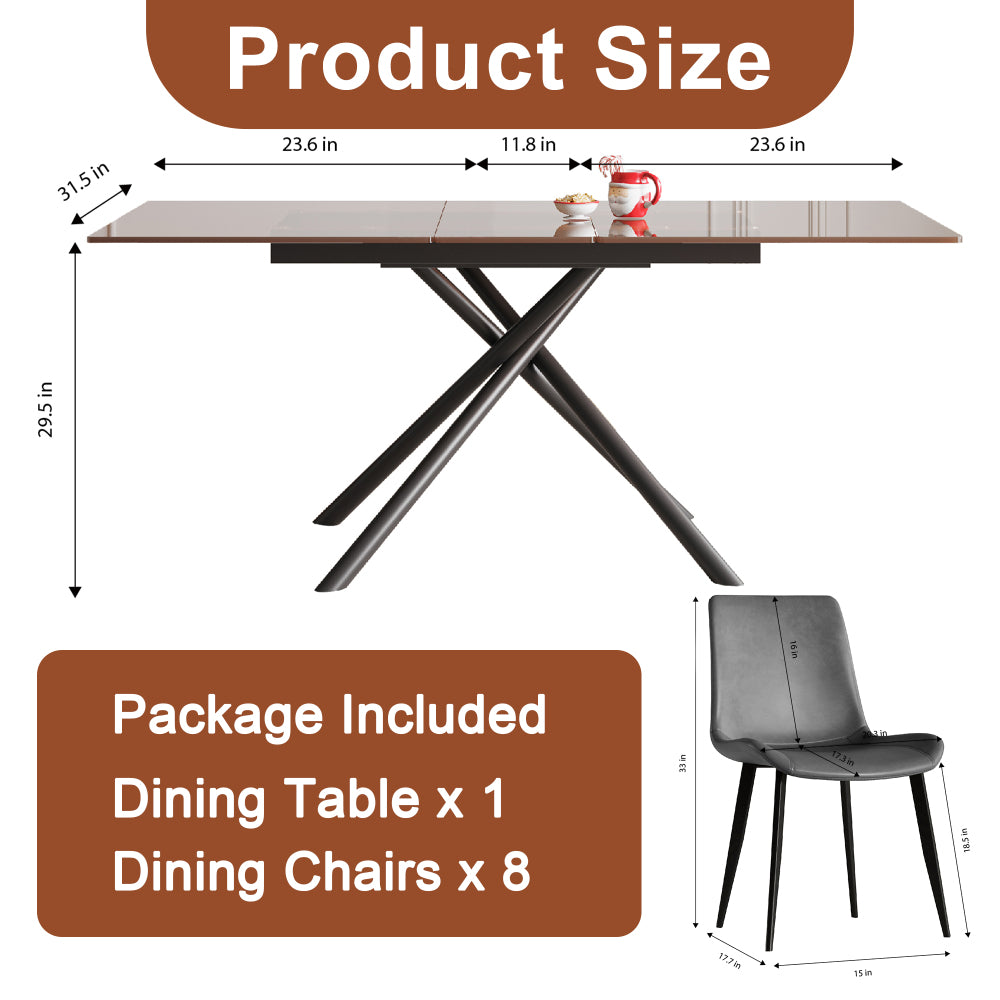 59-Inch Expandable Dining Table Set with 8 Gray Ergonomic Chairs