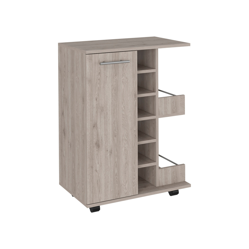 Light Gray Oak Bar Cart with Wine Storage & Cabinet - TimberFlare
