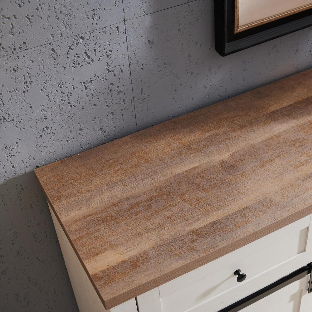 Antique White Farmhouse Bar Cabinet with 20-Bottle Wine Rack & Sliding Doors - TimberFlare