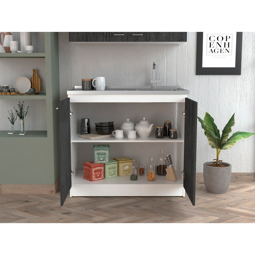 Bar Cabinet with Integrated Sink & Stainless Steel Top, Black - TimberFlare