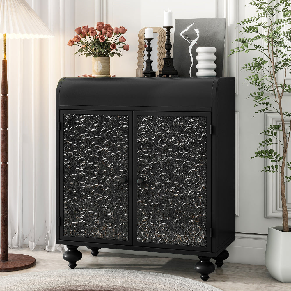Black Steel Sideboard Cabinet with Turned Legs & Coffee Bar Storage - TimberFlare