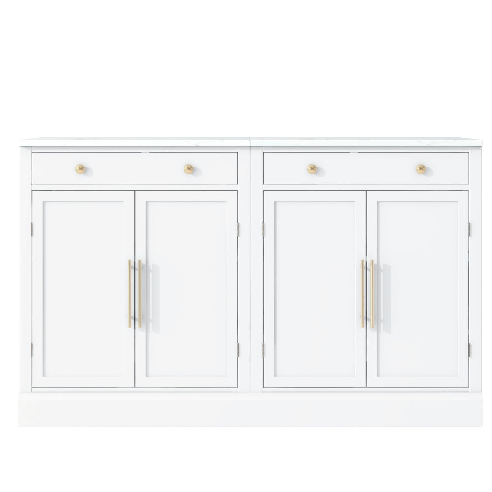 Modern White Sideboard Cabinet Set with Faux Marble Top & Gold Hardware - TimberFlare