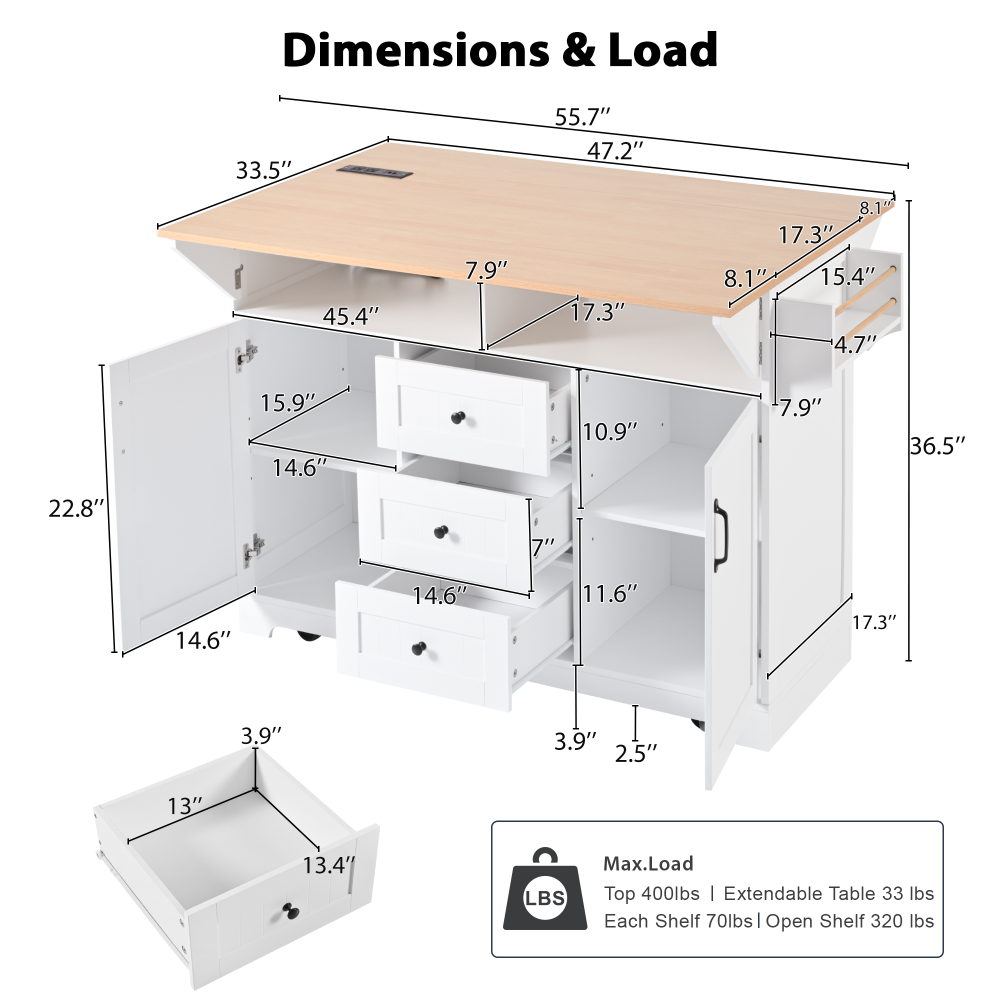 55.7'' Large Rustic Farmhouse Kitchen Island - TimberFlare