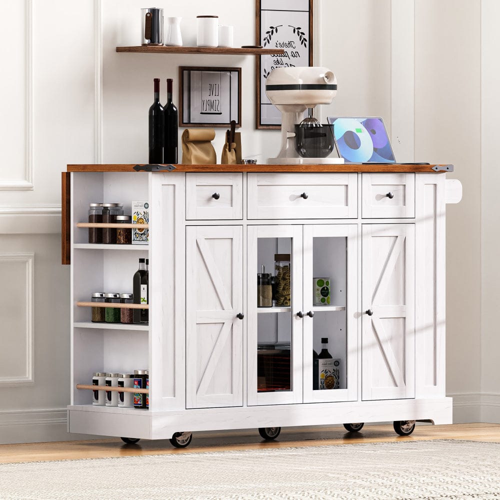 Mobile Kitchen Island with Drop Leaf, Power Outlet & Ample Storage – 53"W x 29.5"D x 36"H