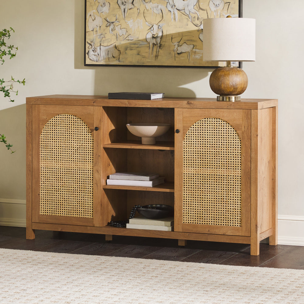 58″ Sideboard with Arched Rattan Doors and Open Shelves