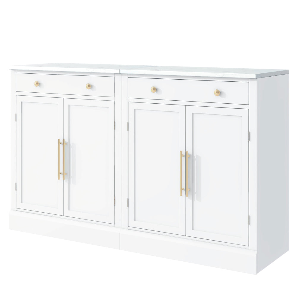 Modern White Sideboard Cabinet Set with Faux Marble Top & Gold Hardware - TimberFlare