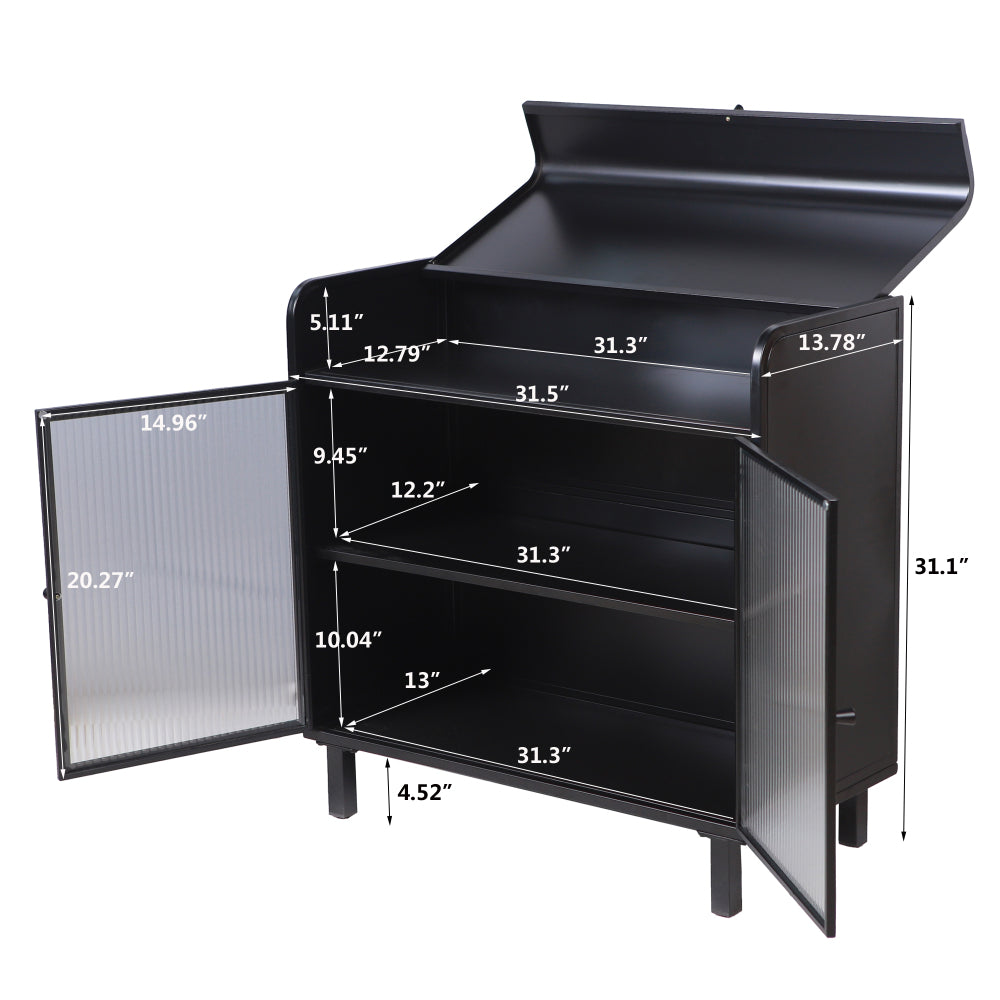 Industrial Flip-Top Sideboard Cabinet with Fluted Glass Doors - TimberFlare