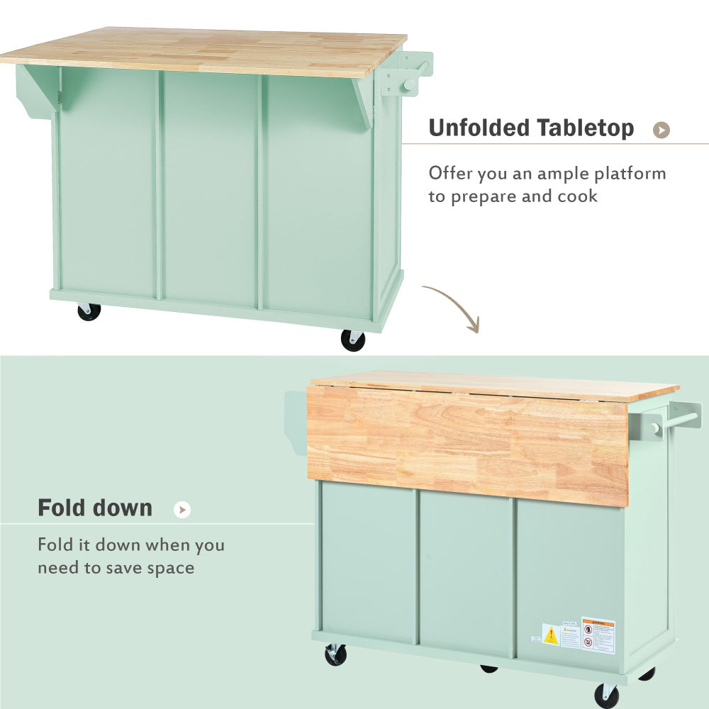 53.1″ Rolling Kitchen Island with Rubberwood Drop-Leaf Countertop - TimberFlare