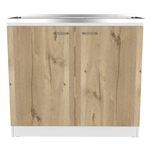 White & Oak Coffee Bar Cabinet with Sink & Stainless Steel Top - TimberFlare
