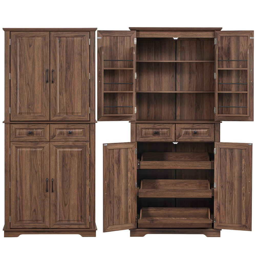 Walnut Pantry Cabinet with Pull-Out Shelves & Door Racks - TimberFlare