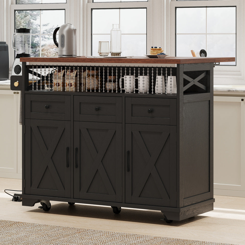 46.5 Rolling Kitchen Island with Drop Leaf & Charging - TimberFlare