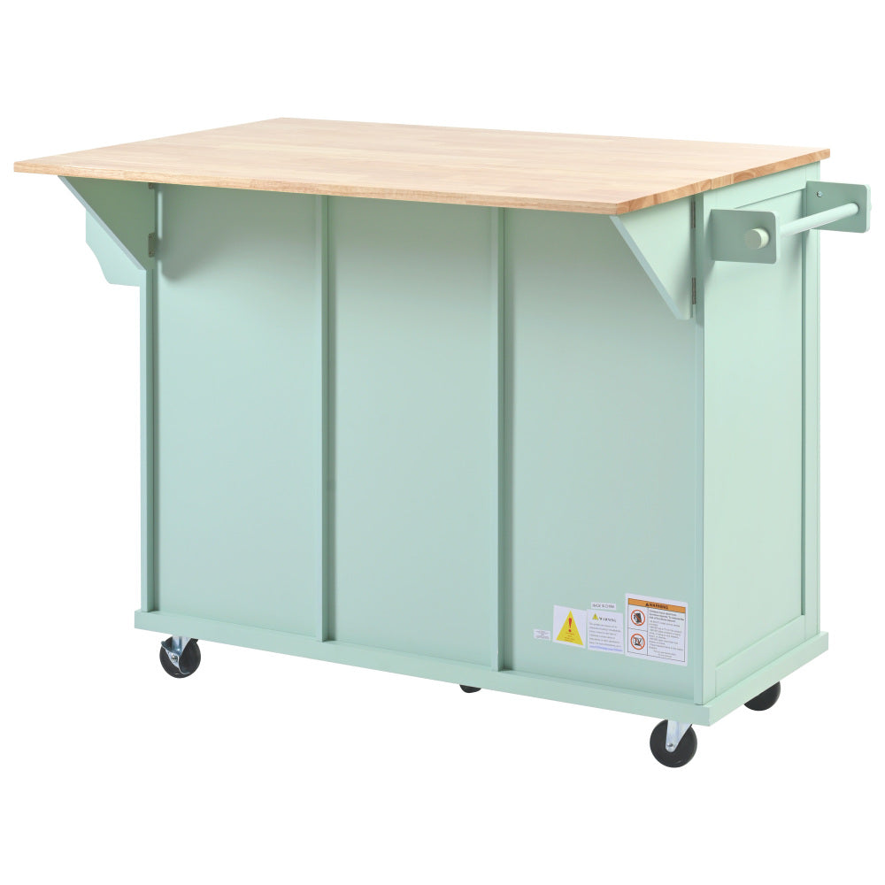 53.1″ Rolling Kitchen Island with Rubberwood Drop-Leaf Countertop - TimberFlare