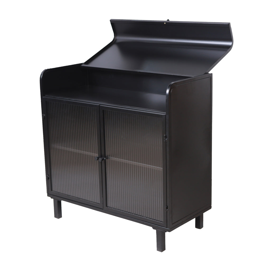 Industrial Flip-Top Sideboard Cabinet with Fluted Glass Doors - TimberFlare