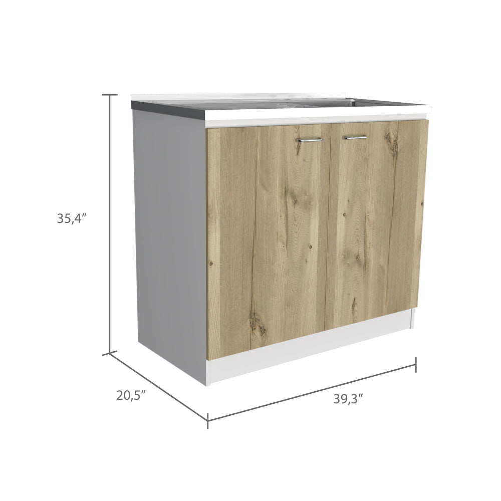 White & Oak Coffee Bar Cabinet with Sink & Stainless Steel Top - TimberFlare
