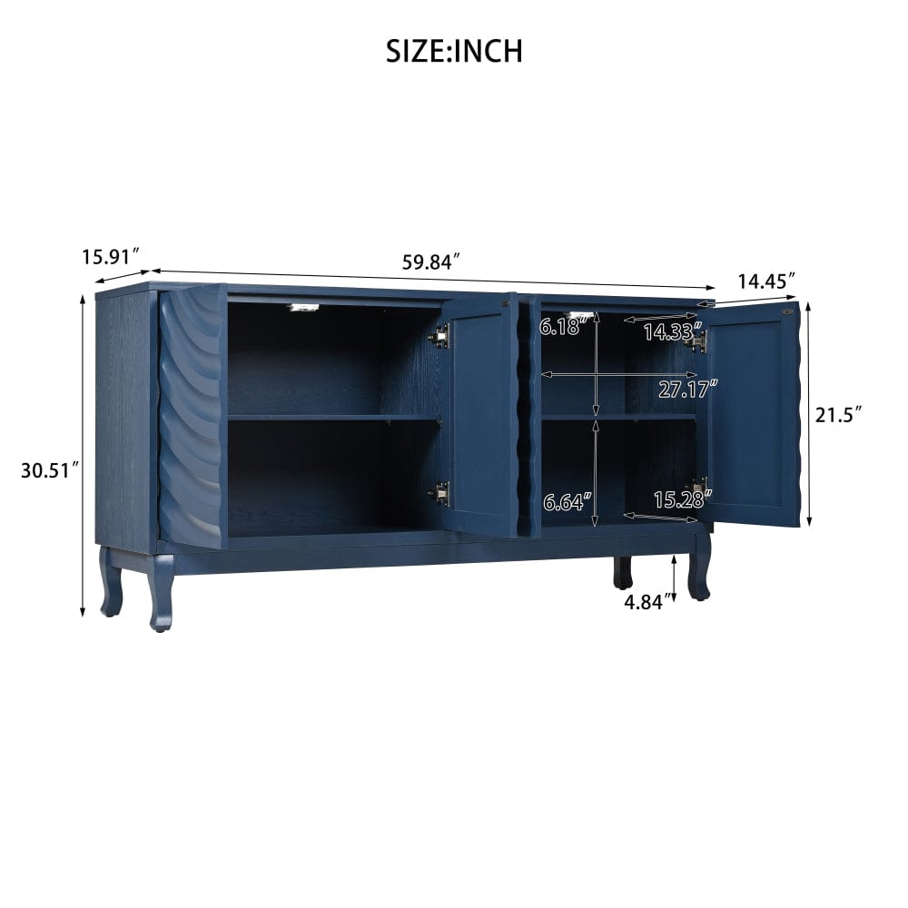 Elegant 4-Door Sideboard with Wavy Arched Doors, Adjustable Storage