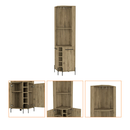 Beige Oak Corner Bar Cabinet with Wine Rack & Coffee Station Shelves - TimberFlare