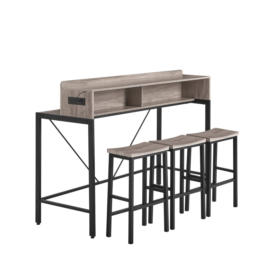59" Bar Table and Chairs Set with LED Lights, Power Outlets & Stools - TimberFlare